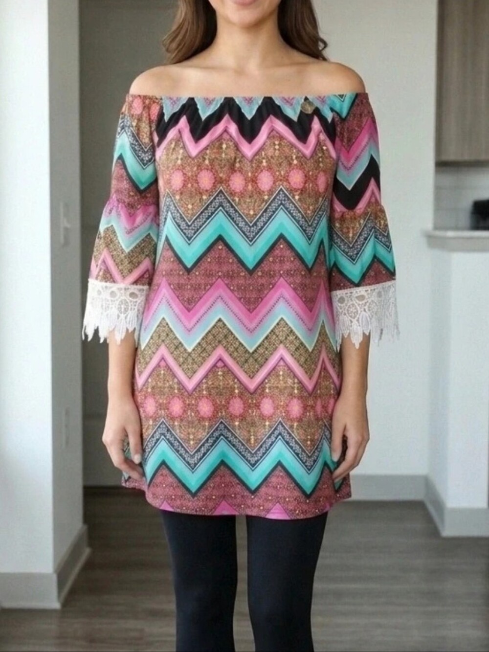 WinWin Off-Shoulder Chevron Tunic Pink & Teal with Lace Trim Large-Xlarge Blouse